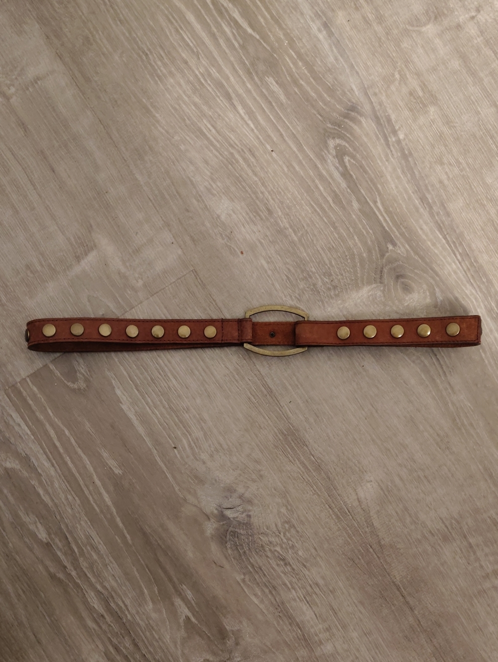 Studded Tan Leather Belt with Brass Buckle